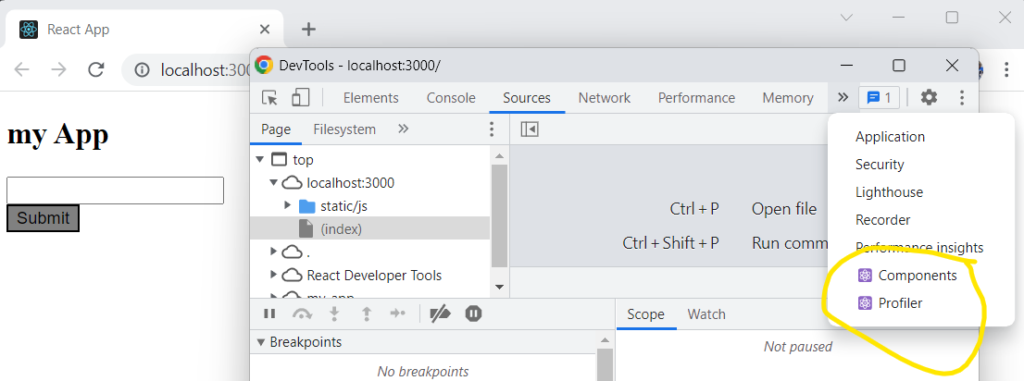 React Developer Tools Components and Profiler tab