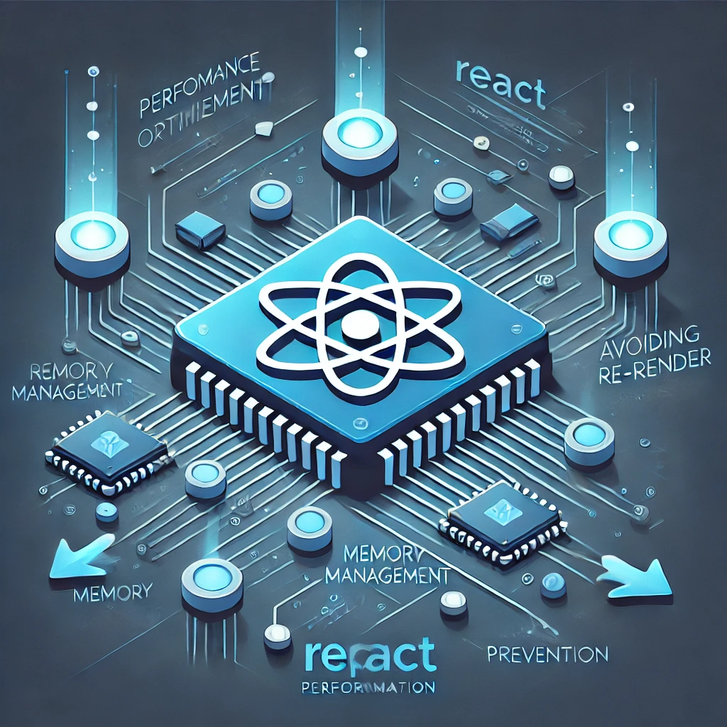 Illustration of ReactJS optimization, featuring the React logo surrounded by memory chips and interconnected circuits, symbolizing memory flow and optimization techniques. Arrows indicate performance improvements related to avoiding memory leaks and unnecessary re-renders, with a clean, technical design in blue tones.